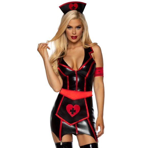 Naughty Nurse Costume,  Zip-Up Wet Look Garter Dress with Apron & Accessories - Picture 1 of 2